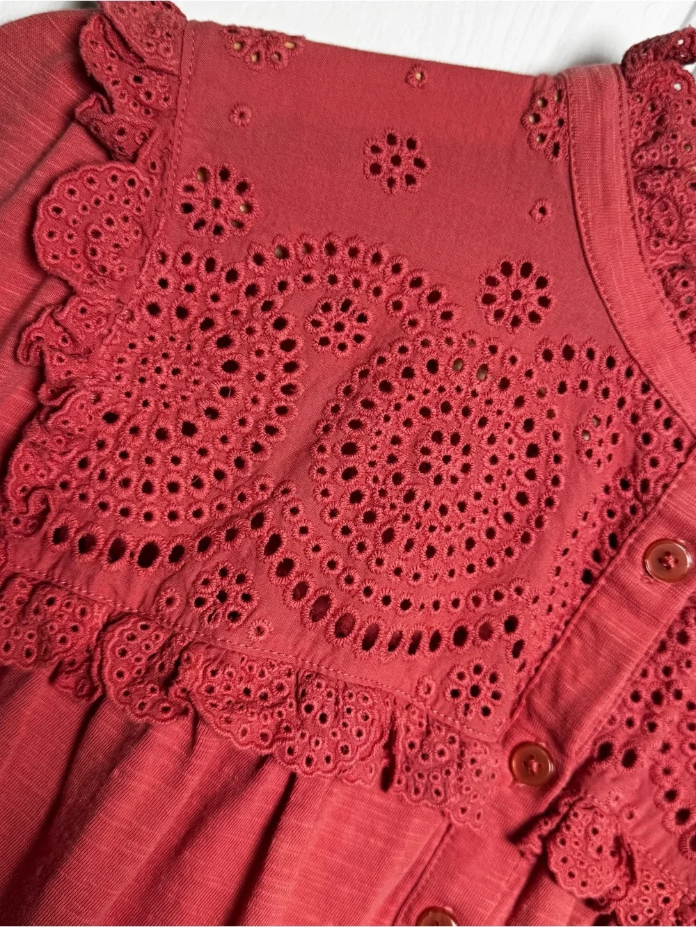 Boden Eyelet Ruffle Long Sleeve Top Salmon Boho Romantic Size 8 Prairie Fall